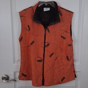 Robert Kitchen Women’s Orange Feather Print Vest Large Zip Front